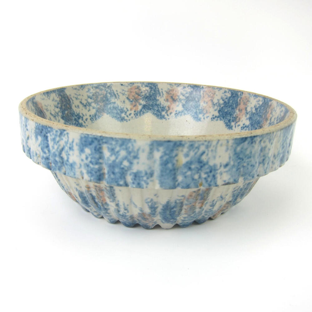 Antique Stoneware Bowl Blue White & Orange Spongeware Ridged Base with Star 7"